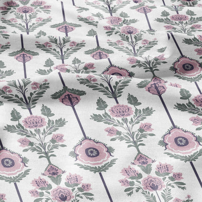 100% LINEN Fabric oriental print - preppy pink green white floral block print - upholstery home decor clothing sewing 2861