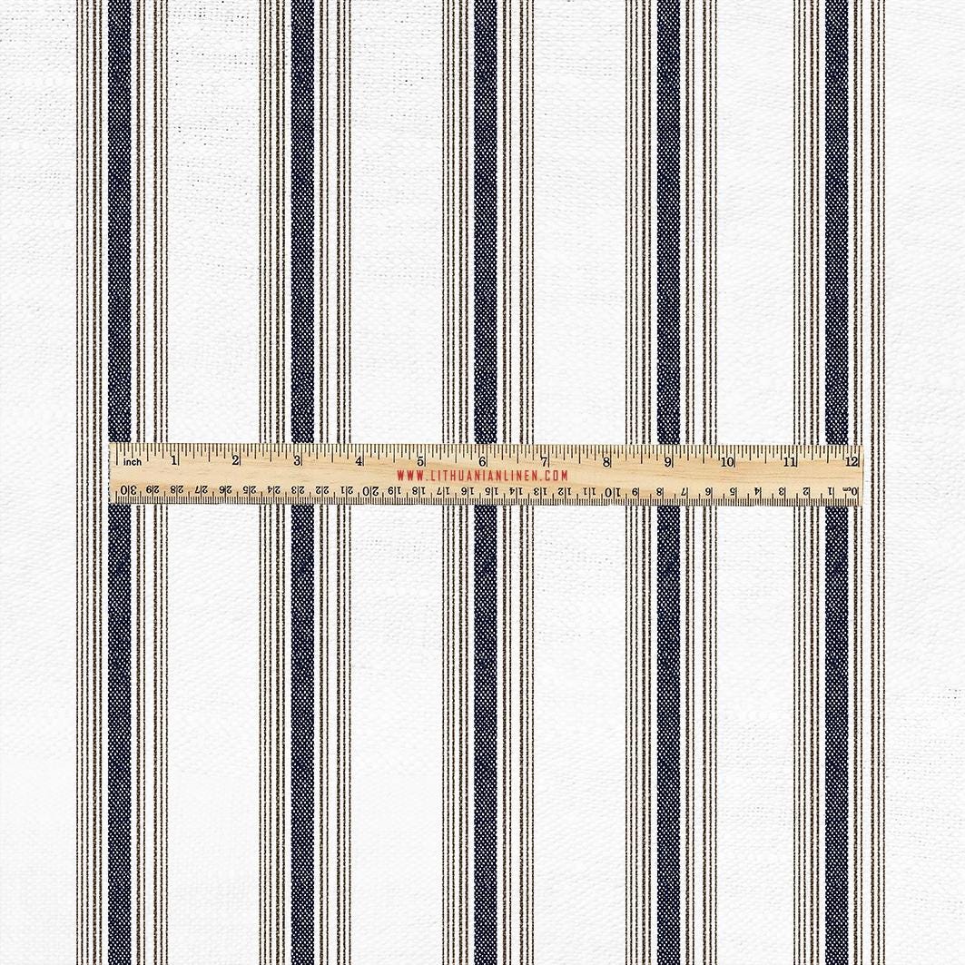 100% LINEN Fabric UPHOLSTERY 12oz - Belgian navy brown ticking stripe on white linen - Modern vintage Grandmillenial upholstery 2969
