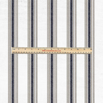 100% LINEN Fabric UPHOLSTERY 12oz - Belgian navy brown ticking stripe on white linen - Modern vintage Grandmillenial upholstery 2969