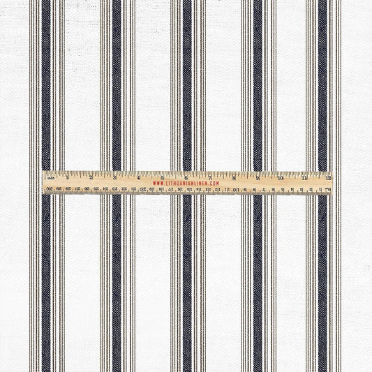 100% LINEN Fabric UPHOLSTERY 12oz - Belgian navy brown ticking stripe on white linen - Modern vintage Grandmillenial upholstery 2969