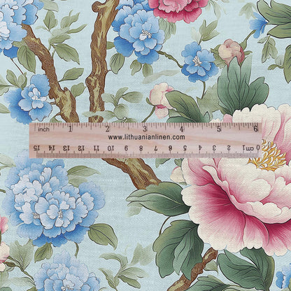 100% LINEN Fabric Chinoiserie Peony print - modern contemporary print on linen fabric upholstery dress making curtains