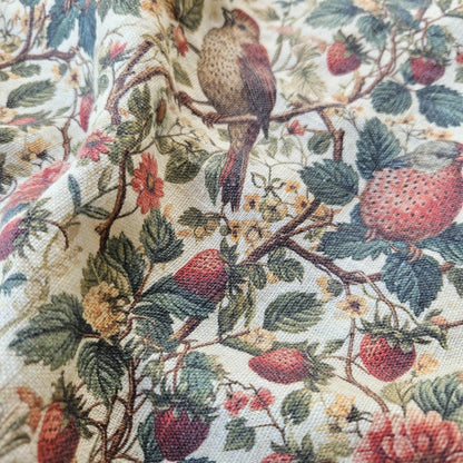 Birds in Strawberry field 100% LINEN Fabric, flax linen fabric Strawberry print on linen for home textile clothing curtains