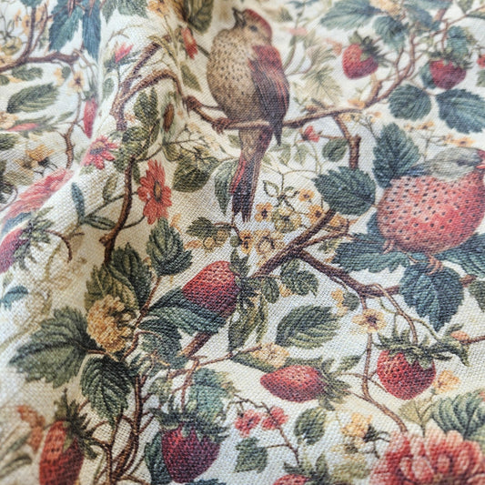 Birds in Strawberry field 100% LINEN Fabric, flax linen fabric Strawberry print on linen for home textile clothing curtains
