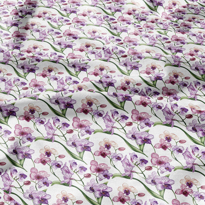 100% LINEN Fabric Floral pink purple orchid print - Hand Drawn Floral PINK Flower linen fabric upholstery home decor curtains pillowcases