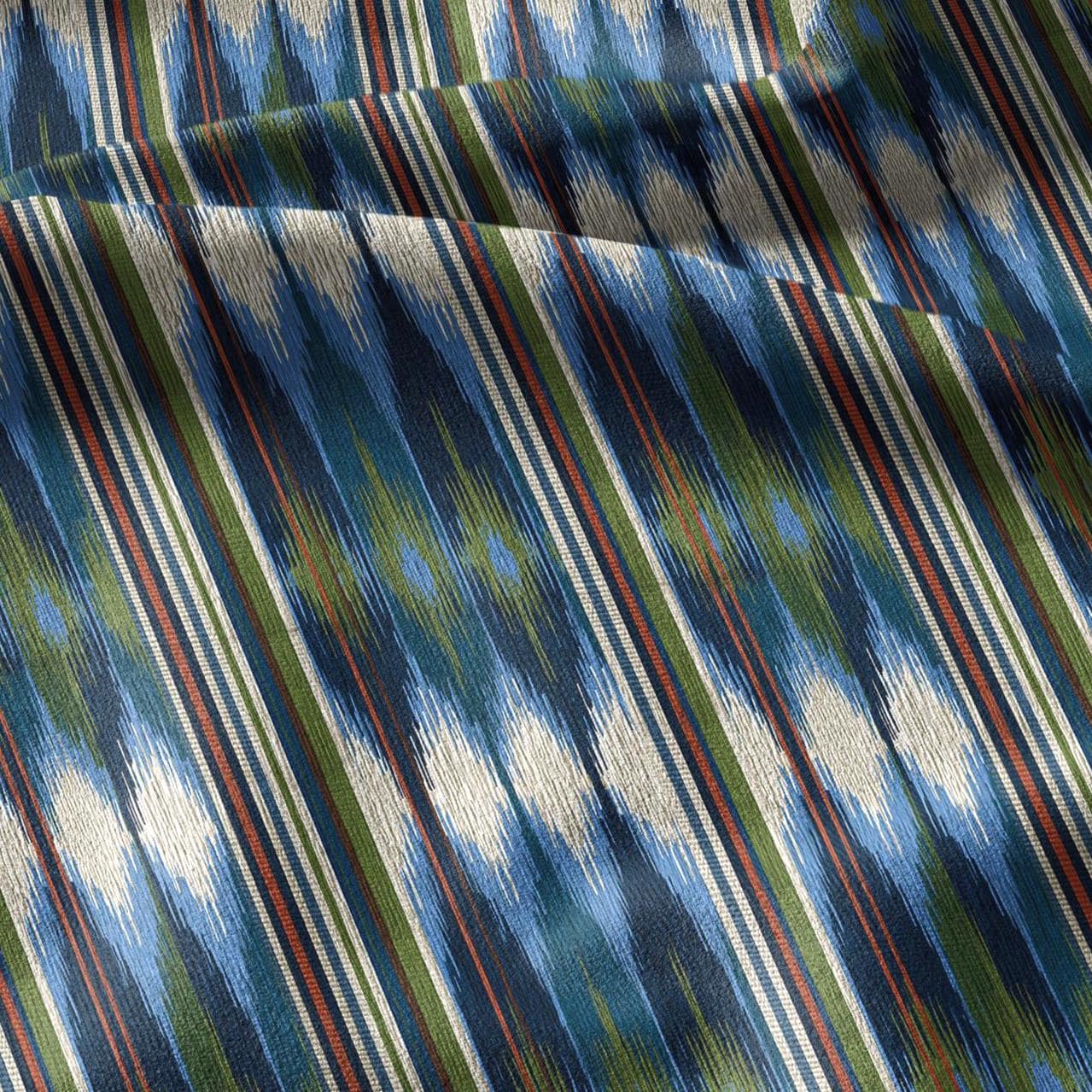 100% linen fabric green blue ikat stripe print - Vintage abstract modern geometric 3398