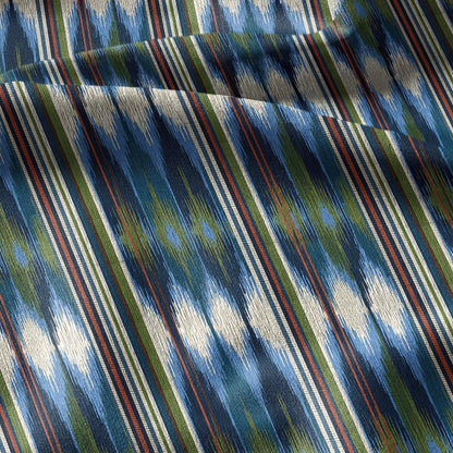 100% linen fabric green blue ikat stripe print - Vintage abstract modern geometric 3398