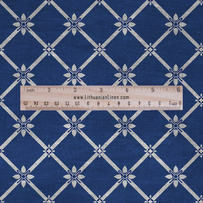 100% LINEN Fabric star geometric trellis star print - indigo blue - Modern vintage block print upholstery curtains dress making 2665