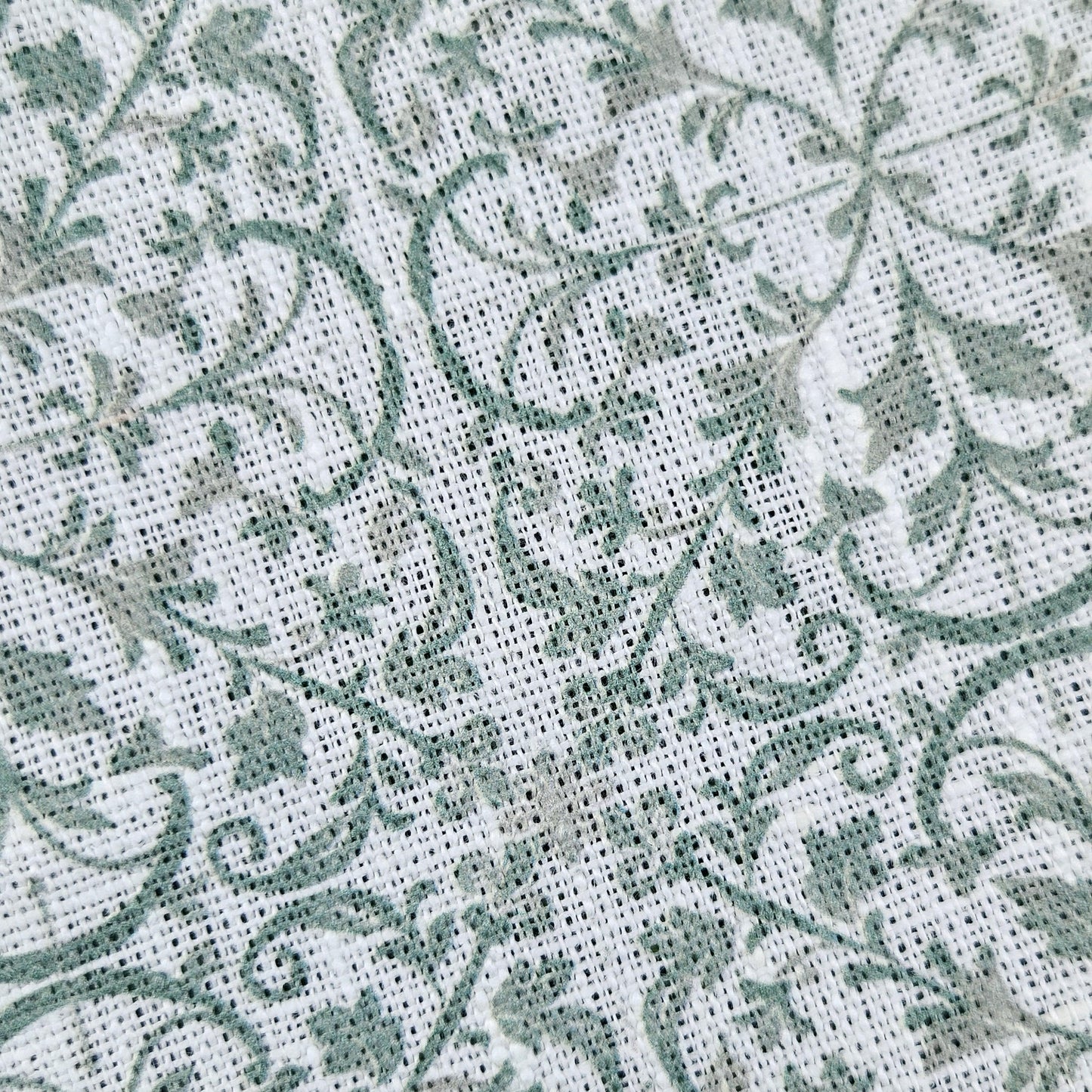 100% LINEN Fabric block print sage green on white - heavy linen fabric for upholstery home decor or medium for clothing 2559