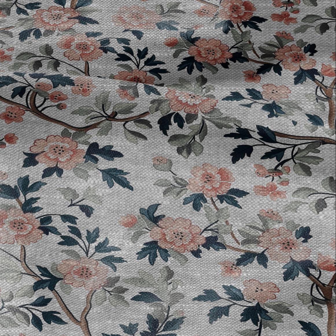 100% LINEN Fabric print Pink flower blossom print - oatmeal linen fabric floral botanical - heavy for home decor clothing 2750