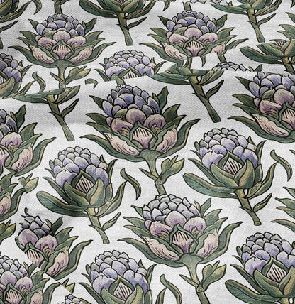 100% LINEN Fabric block print Artichoke - oatmeal natur linen fabric with blue floral print - heavy linen fabric for upholstery home decor