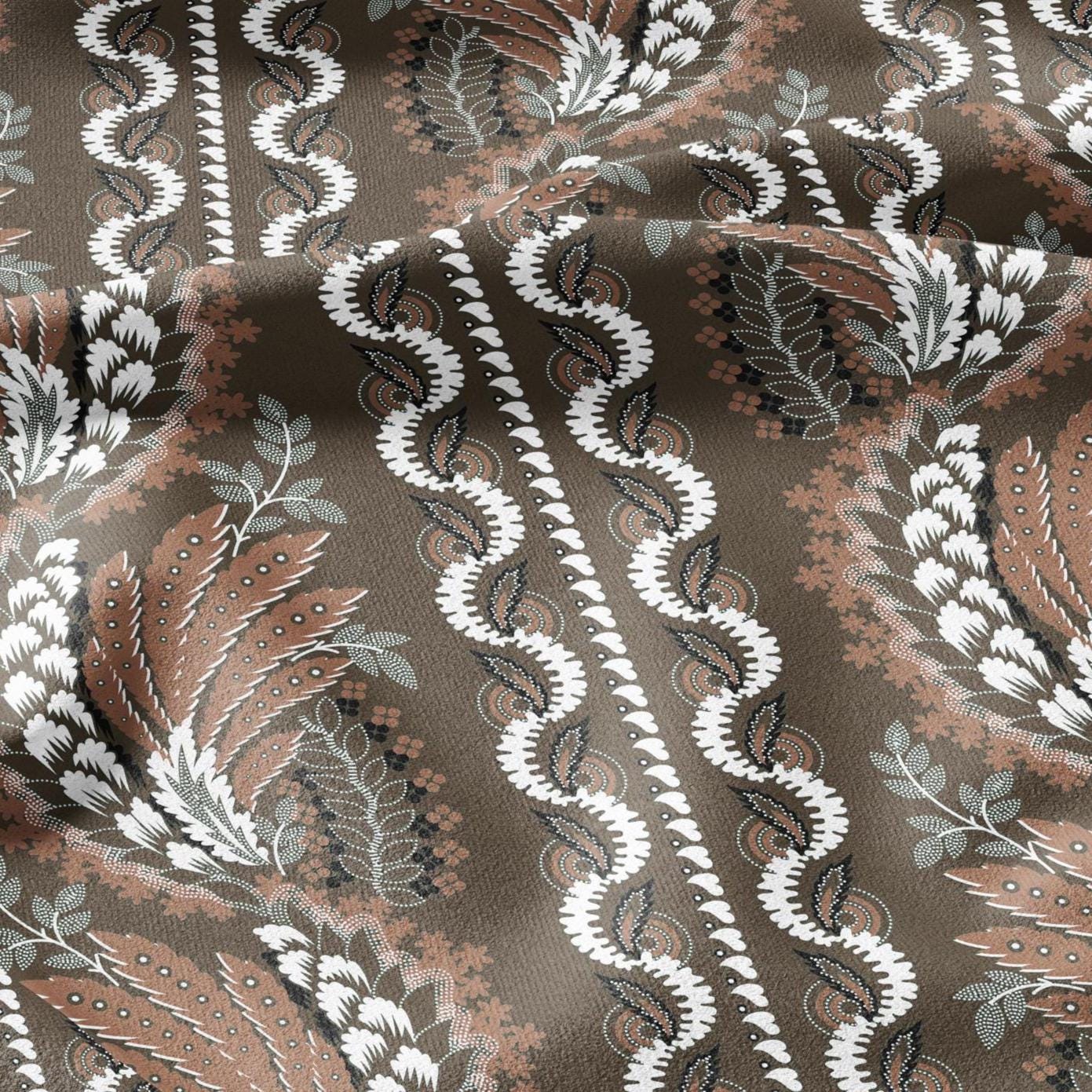 100% LINEN Fabric Vintage floral squilr stripe print - Modern botanical - Victorian Art Craft brown 3165