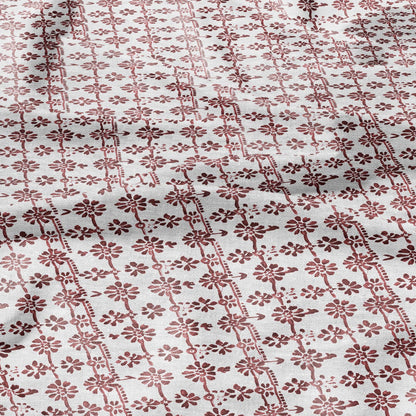 100% LINEN Fabric in floral block print - botanical red white linen fabric for upholstery home decor curtains dress making pillowcases
