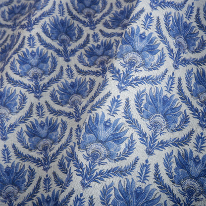 100% LINEN Fabric French blue block print on white linen - toile de jouy fabric - floral upholstery heavy or dressmaking medium weight 2510