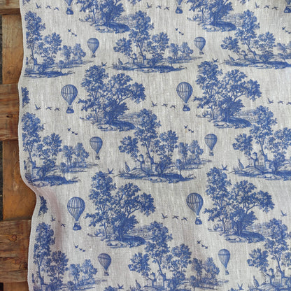 100% LINEN Fabric Toile de Jouy with air Balloon, oatmeal natur linen fabric with blue indigo  print, coastal French linen fabric upholstery