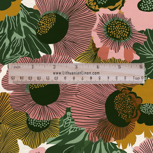 100% LINEN Fabric finnish navy green pink abstract print - modern vintage floral linen fabric for upholstery or home decor 2917