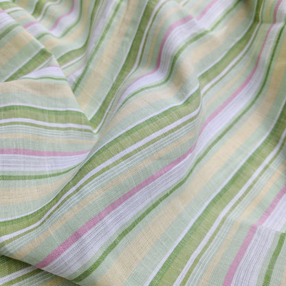 Premium Linen striped Fabric in pastel green white | Medium weight multicolor stripes Andalusia Stripe for clothing home textile