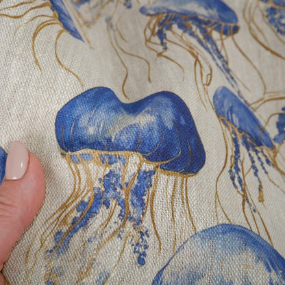 100% LINEN Fabric jellyfish Nautical print - oatmeal linen fabric with blue grey coastal print for upholstery home decor dressmaking
