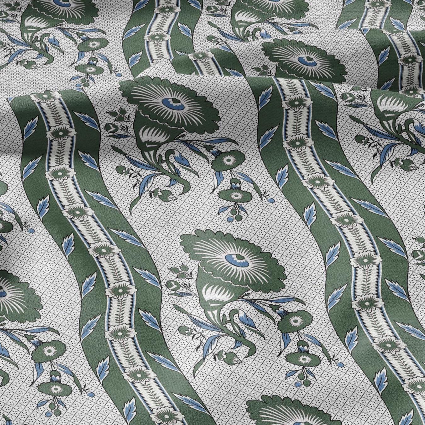 100% LINEN Fabric Vintage floral squilr stripe print - Modern botanical - Victorian Art Craft yellow green 3166