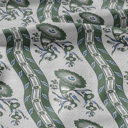 100% LINEN Fabric Vintage floral squilr stripe print - Modern botanical - Victorian Art Craft yellow green 3166