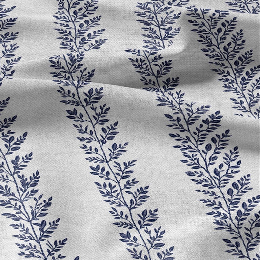 100% LINEN Fabric french blue floral stripe print on white linen - tree leaves on flax fabric for uphlstery heavy / medium for clothing 2580