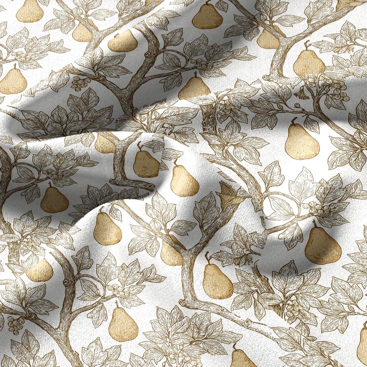100% linen fabric Yellow pear tree print - Vintage fruits botanical - modern vintage 3398