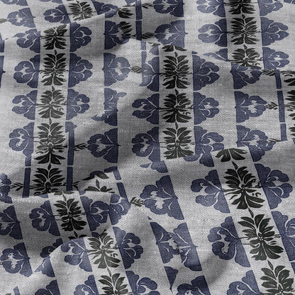 100% LINEN Fabric hand block print floral stripe - oatmeal linen fabric with blue green print - fabric for home decor upholstery