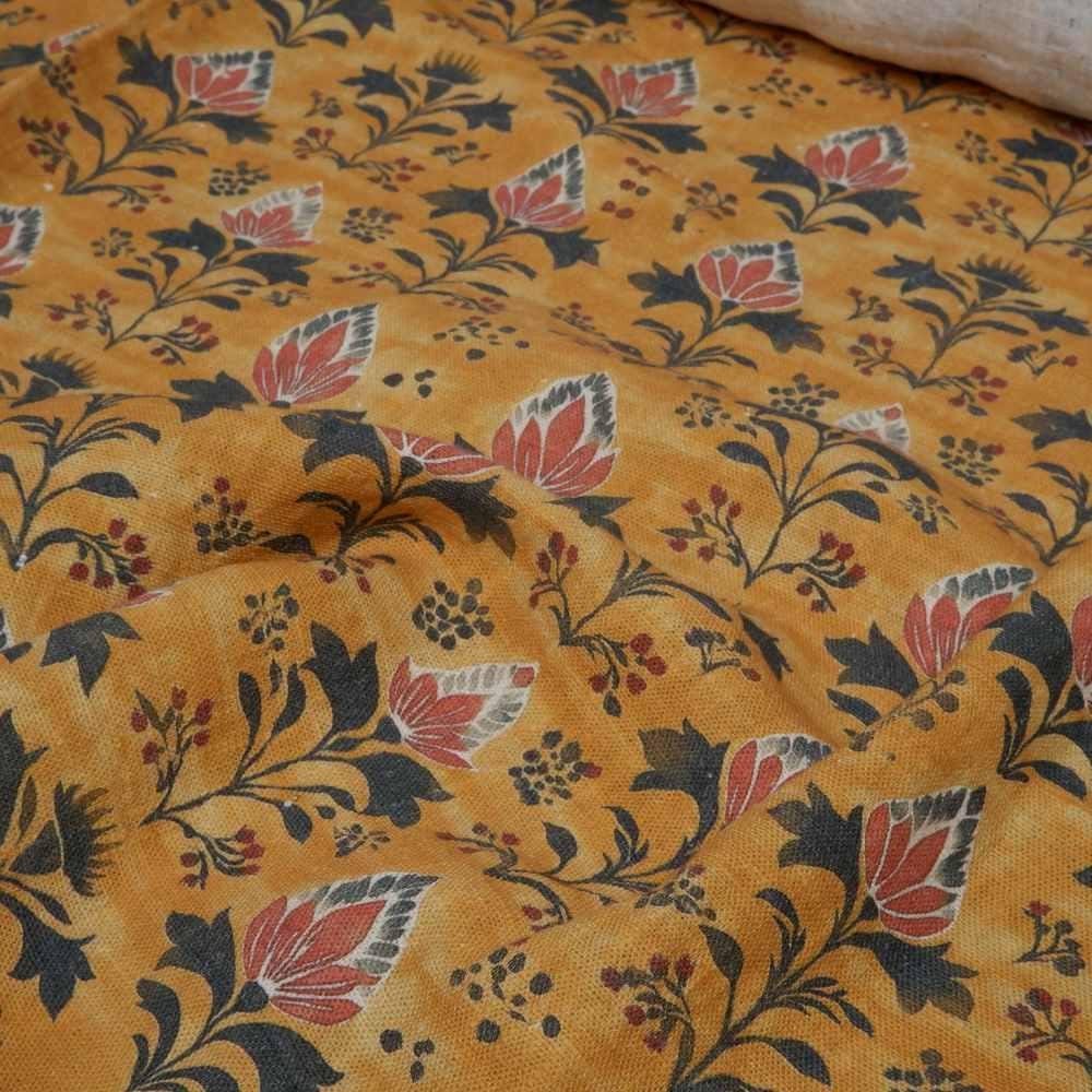 100% LINEN Fabric block print in mustard yellow - linen fabric floral print - light upholstery home decor dressmaking sewing 2079