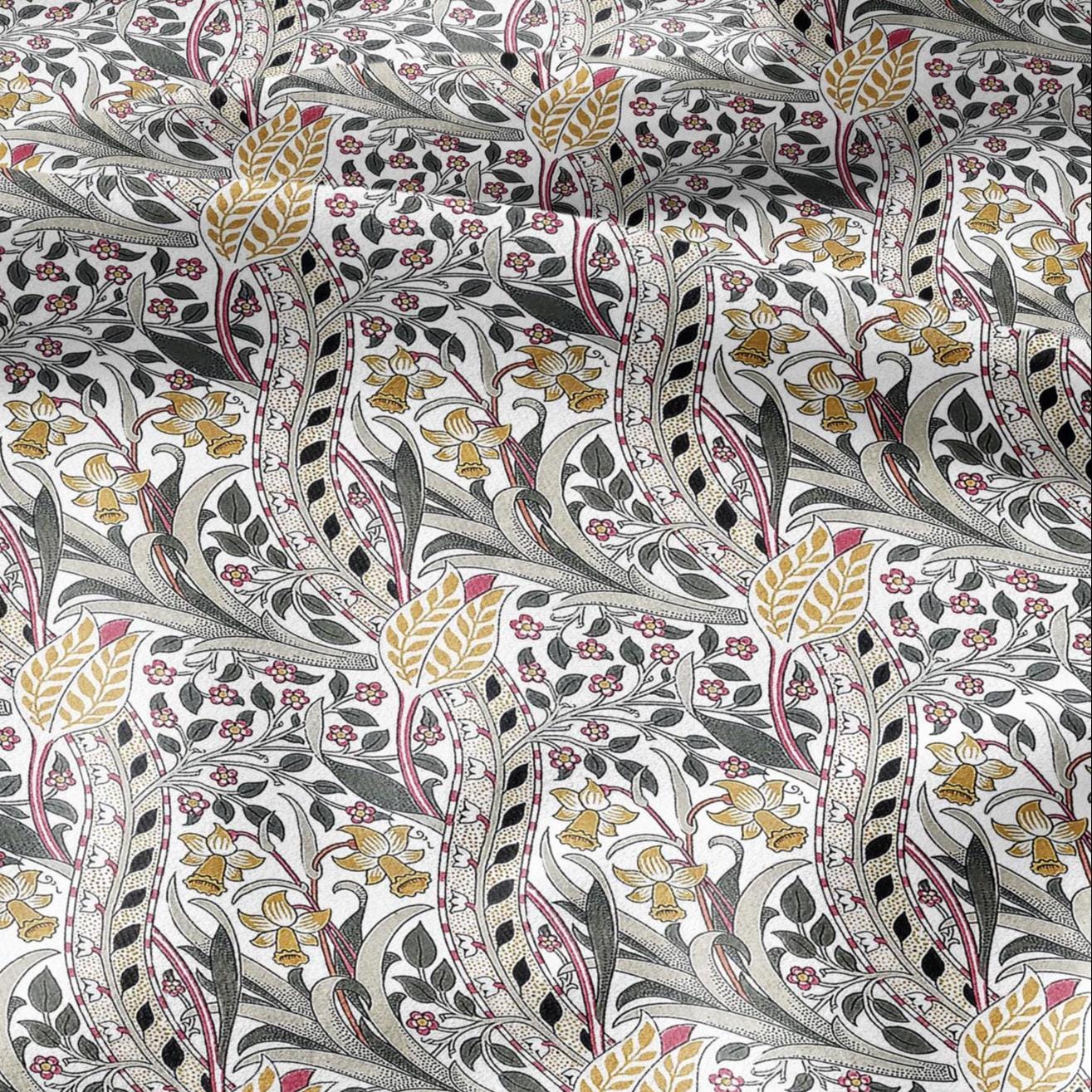 100% LINEN Fabric William Morris Daffodil print - Modern vintage botanical - Victorian Art Craft yellow red 3132