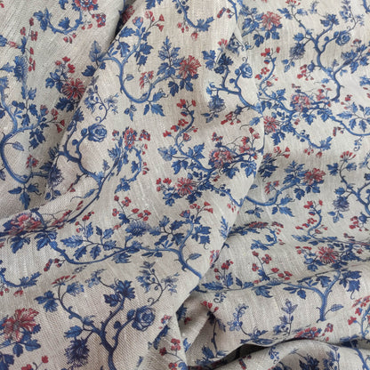 100% LINEN Fabric Toile de Jouy , white botanical fabric with blue indigo red print, French linen floral blossom 326