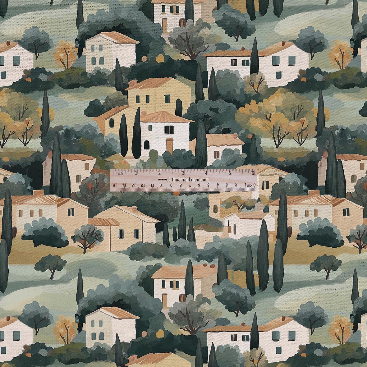 100% LINEN Fabric UPHOLSTERY 12oz - Tuscany houses print on linen - Italian scenery landscape - upholstery 2524