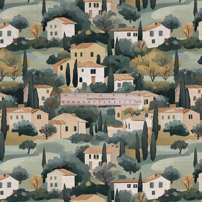 100% LINEN Fabric UPHOLSTERY 12oz - Tuscany houses print on linen - Italian scenery landscape - upholstery 2524