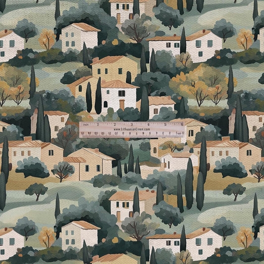 100% LINEN Fabric UPHOLSTERY 12oz - Tuscany houses print on linen - Italian scenery landscape - upholstery 2524