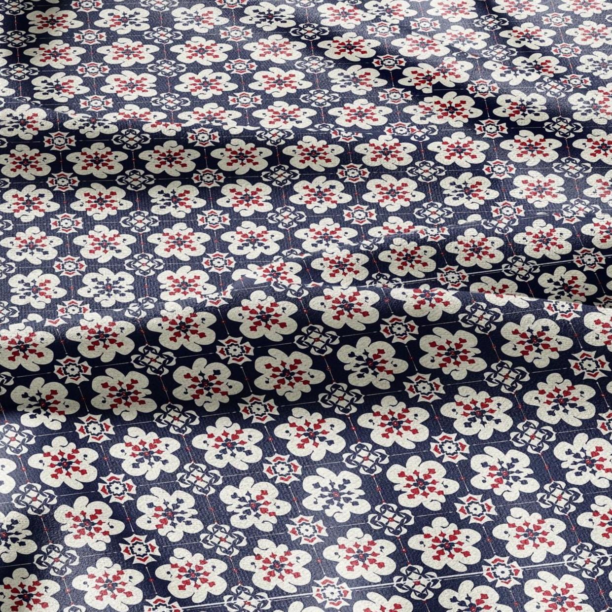 100% LINEN Fabric block print Korean Flower - red blue indigo floral print - heavy upholstery home decor - medium for clothing 2601