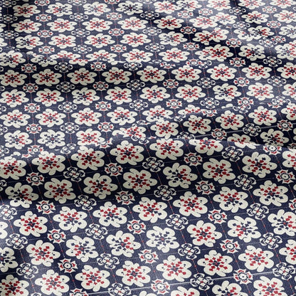 100% LINEN Fabric block print Korean Flower - red blue indigo floral print - heavy upholstery home decor - medium for clothing 2601