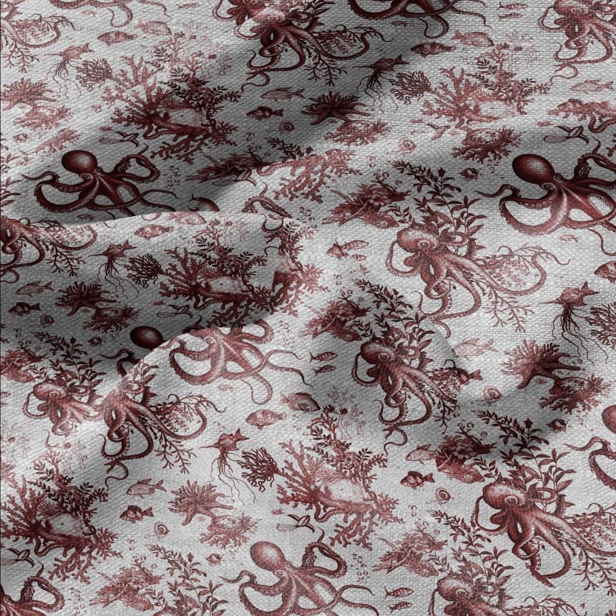 100% LINEN Fabric toile de jouy OCTOPUS Nautical print - red on oatmeal linen - coastal print for upholstery home decor clothing 306S