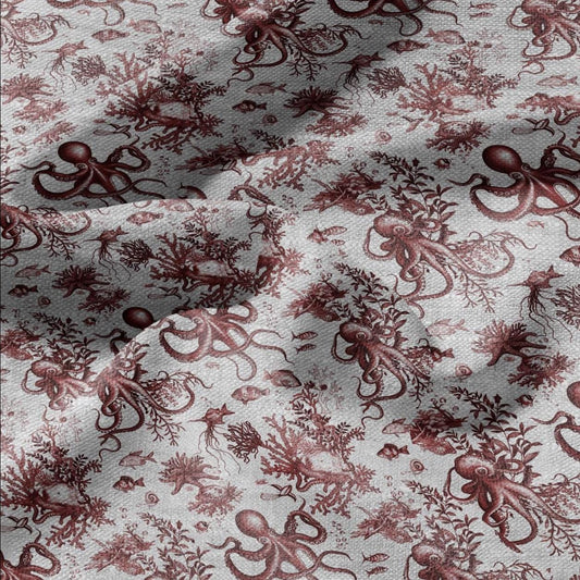 100% LINEN Fabric toile de jouy OCTOPUS Nautical print - red on oatmeal linen - coastal print for upholstery home decor clothing 306S