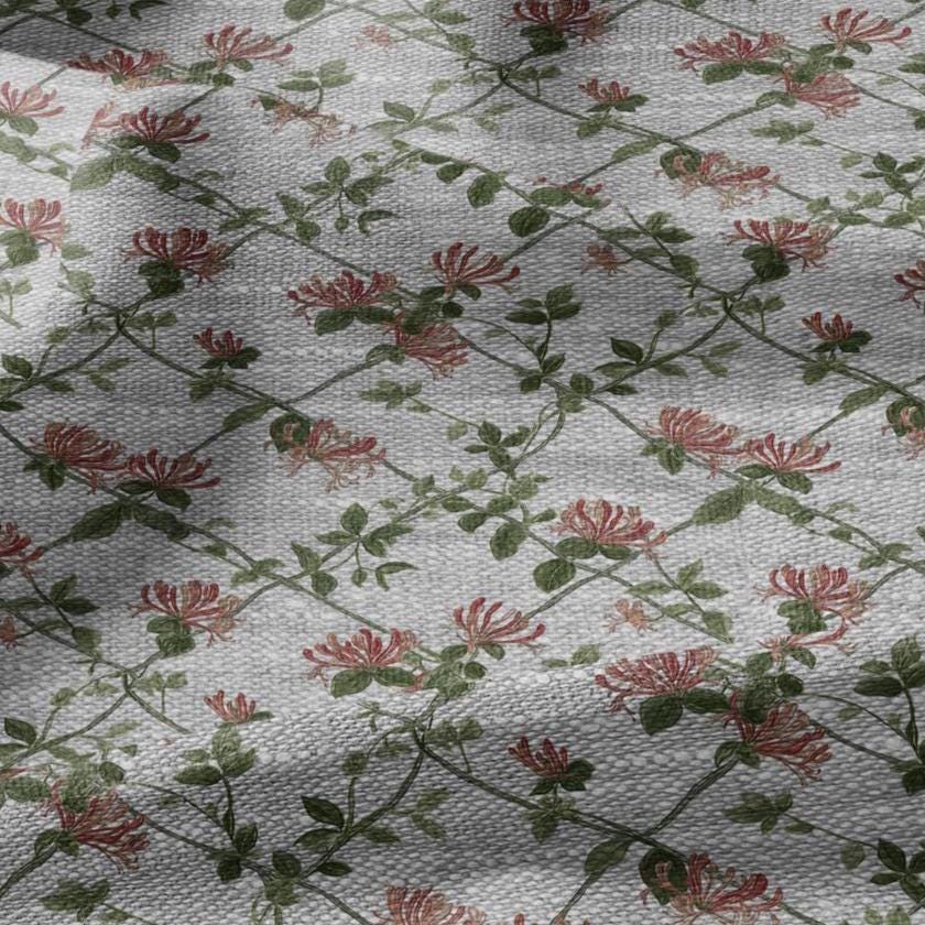 100% LINEN Fabric honeysuckle trellis print - oatmeal linen fabric with floral print - modern vintage botanical 3357