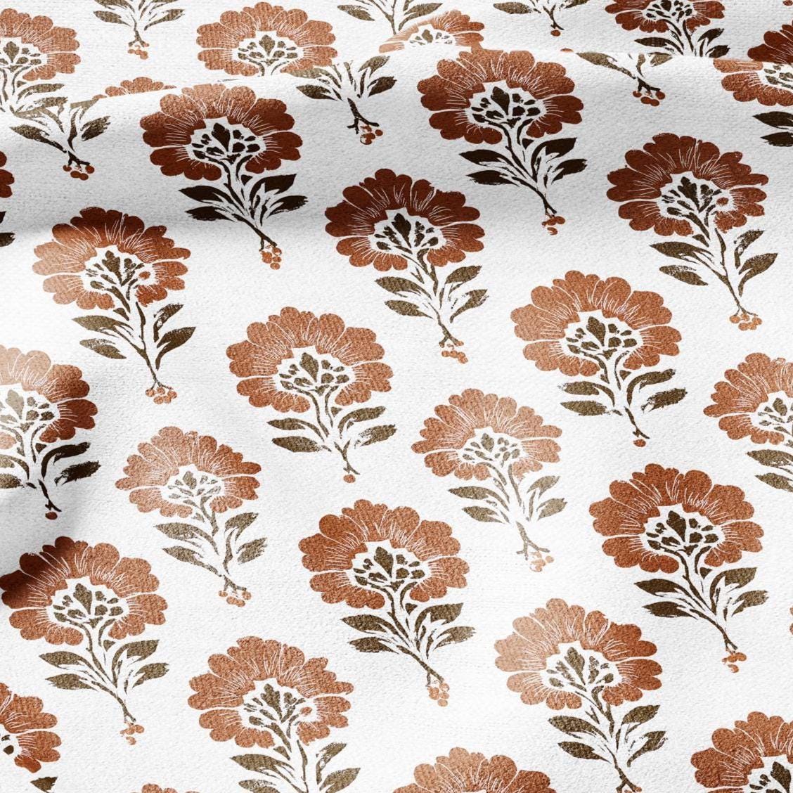 100% LINEN Fabric floral print - brown white flower block print linen heavy for upholstery home decor - medium for dress making 2827