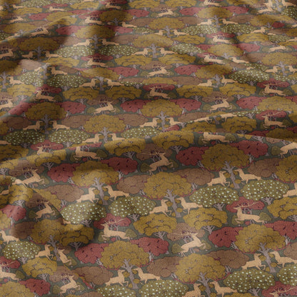 100% linen Deer prints fabric for Curtain Upholstery Cushion - Autumn trees print fabric for dress making sewing