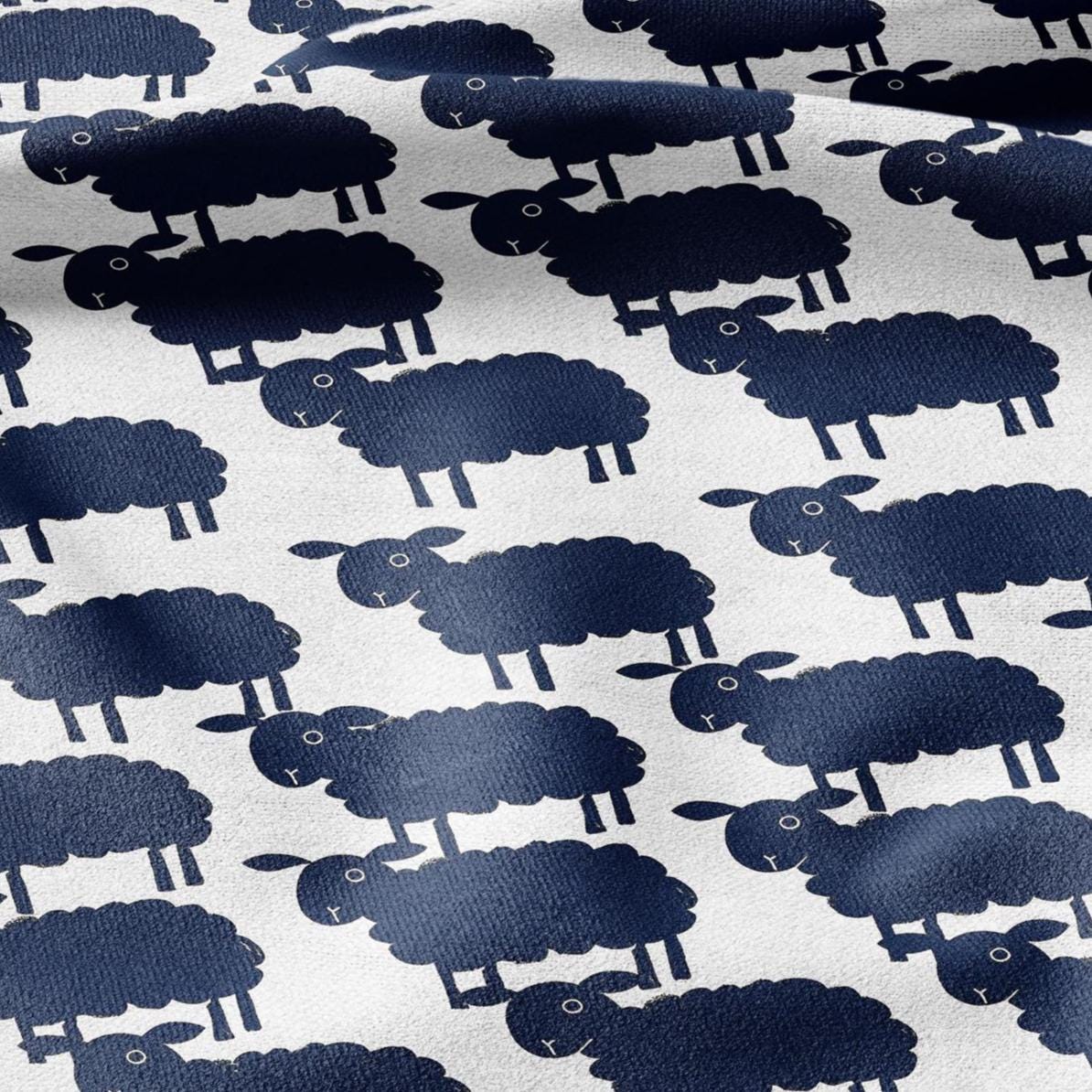 100% LINEN Fabric Block print  Sheep navy blue - animal upholstery home textile artisan fabrics green white 2361