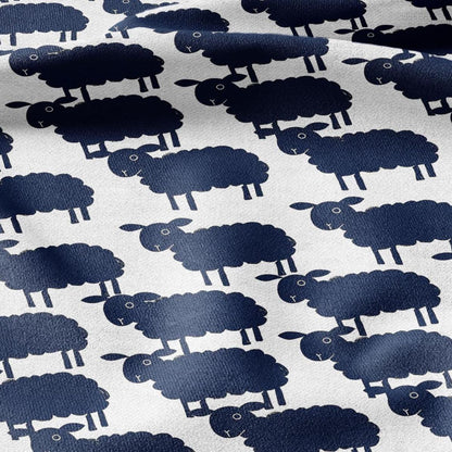 100% LINEN Fabric Block print  Sheep navy blue - animal upholstery home textile artisan fabrics green white 2361