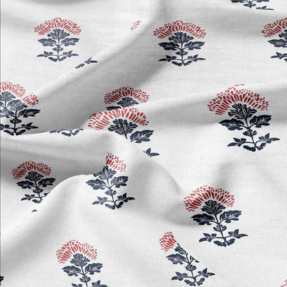 100% LINEN Fabric block print indigo blue red on white - linen fabric with floral print -heavy linen fabric for upholstery home decor