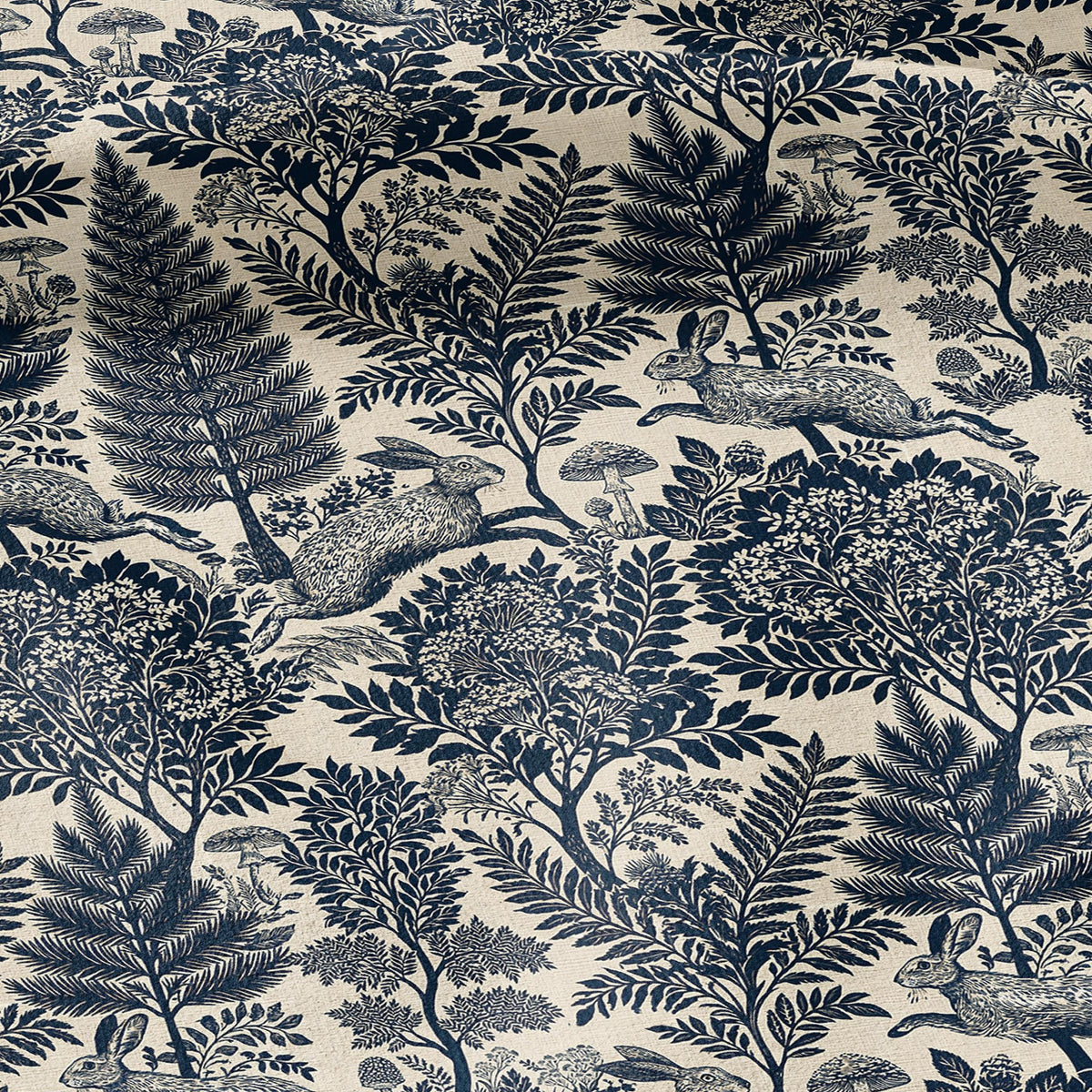 100% LINEN Fabric Woodland - Navy blue beige floral print with Rabbit bunny Neutral Fabric by the Yard by LithuanianLinen 3871