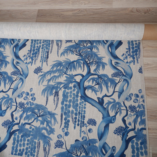 100% LINEN Fabric Blue tree - Modern vintage floral Willow print on oatmeal linen for home decor sewing dress clothing 2729