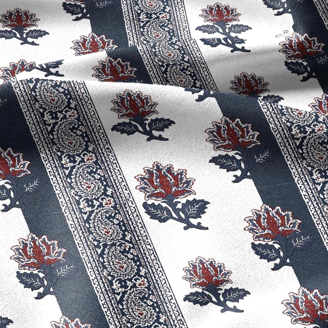 100% linen fabric blue white paisley stripe print - Vintage floral botanical modern Victorian 3421