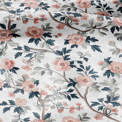 100% LINEN Fabric pink Roses Gulab flower print - botanical upholstery home textile artisan fabrics pink green white 2750