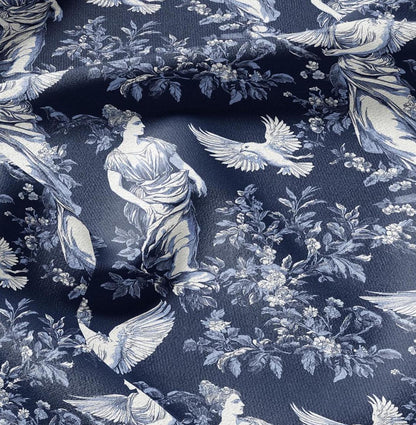 100% LINEN Fabric block print Greek Goddesses - white linen fabric with indigo blue print - heavy linen fabric for upholstery home decor