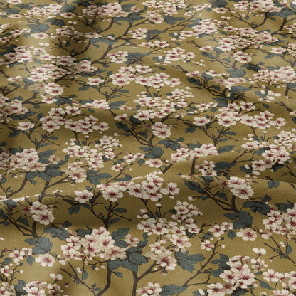 100% LINEN Fabric English flower print - mustard yellow beige floral print on white - heavy linen fabric for upholstery home decor 2612