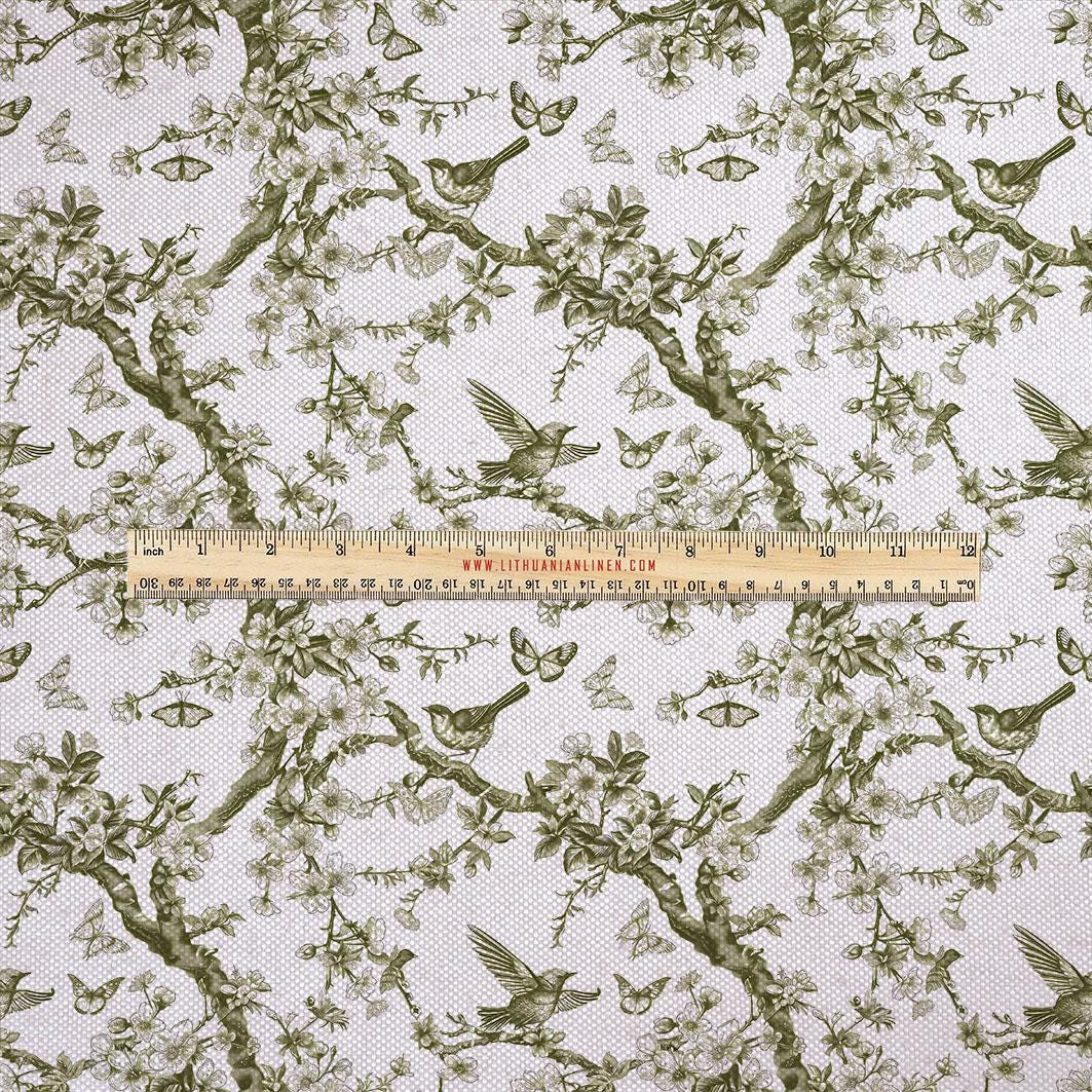 100% LINEN Fabric UPHOLSTERY 12oz - green toile de jouy print on oatmeal linen - Modern vintage Victorian tree with birds upholstery 347