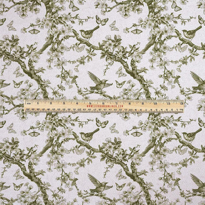 100% LINEN Fabric UPHOLSTERY 12oz - green toile de jouy print on oatmeal linen - Modern vintage Victorian tree with birds upholstery 347